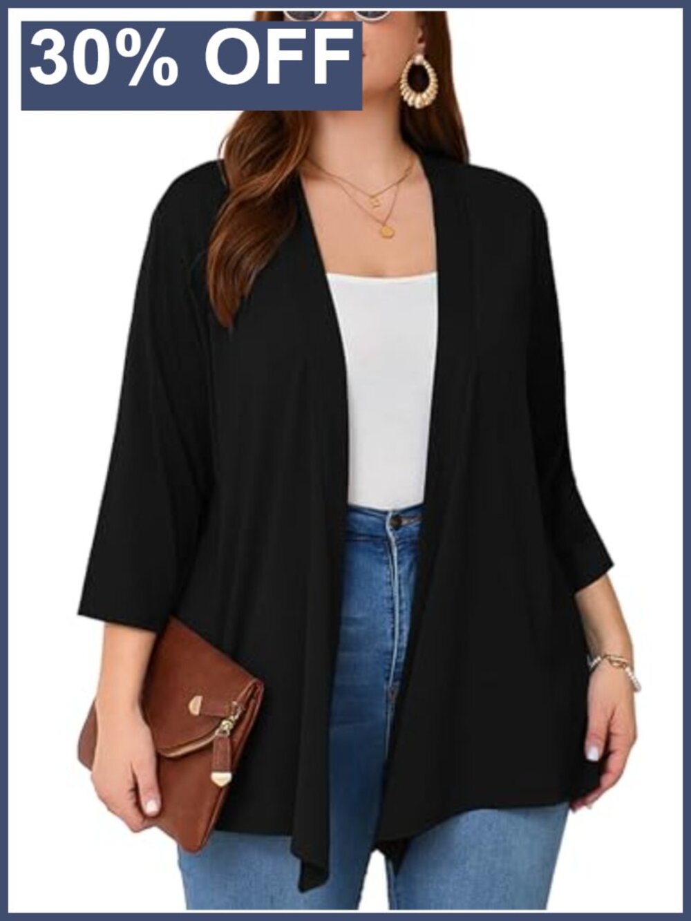 Plus Size Lightweight Open Front Cardigan 3/4 Sleeve Kimono Cover Up